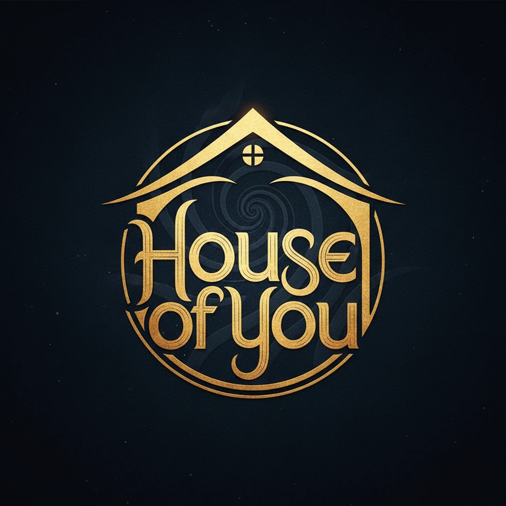 Gouden logo met gestileerde huisvorm en de tekst "House of You" tegen een donkere achtergrond.